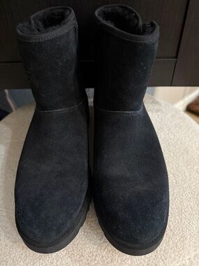 UGG Black Suede Wedge Platform Short Shearling Boots